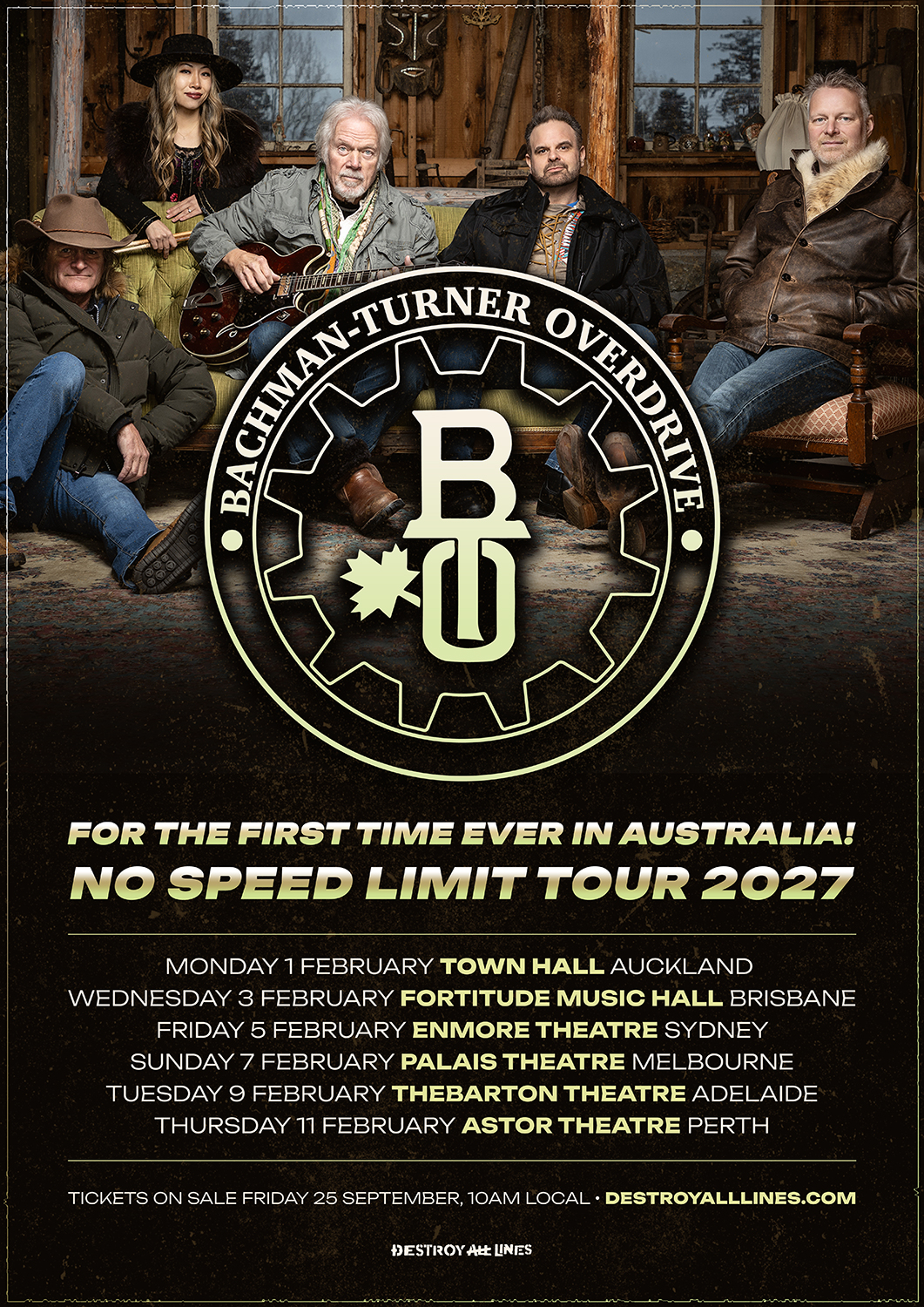 Bachman-Turner Overdrive No Speed Limit Tour 2027 poster showing band portrait, gear logo, and dates in Brisbane, Sydney, Melbourne, and Adelaide.